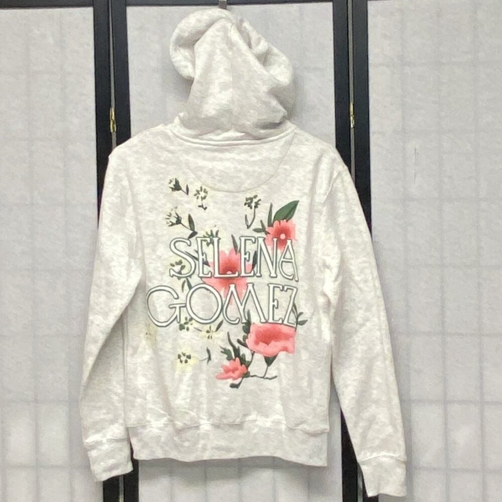 Selena Gomez Hoodie Zip Up Gray Fleece Sweatshirt M Pink Floral NWOT Cozy Warm